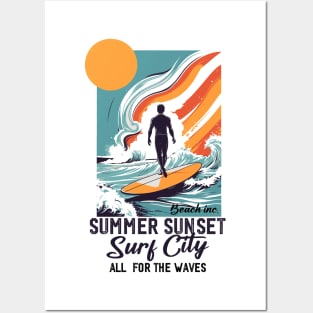 Surf poster vintage with text "All for the waves, summer sunset" Posters and Art